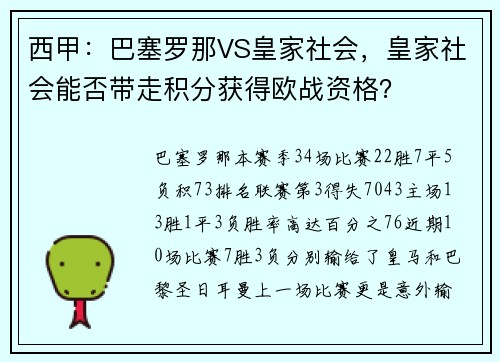 西甲：巴塞罗那VS皇家社会，皇家社会能否带走积分获得欧战资格？
